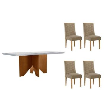 Imagem de Conjunto Sala de Jantar Nevada c/ Tampo Madeirado c/ Vidro Canto Curvo 120x80cm e 4 Cadeiras Maldivas Madeira Maciça Naturale/Off White - Capuccino/Li