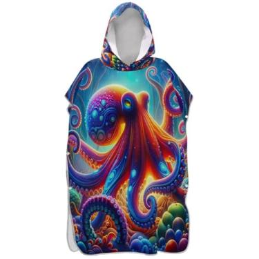 Imagem de Joisal Roupão reutilizável para troca de poncho de surfe para adultos toalhas de banho de praia com capuz crepúsculo polvo azul brilhante ponchos femininos com capuz