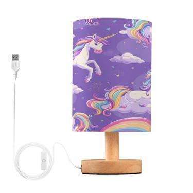 Imagem de Joisal Luminária pequena de unicórnio arco-íris roxo para mesa de cabeceira, luminária de mesa pequena com abajur de linho pequena lâmpada de sala de estar, reforma da casa