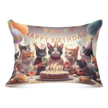 Imagem de Fronha decorativa com zíper com balão de festa de aniversário de gato festivo King Queen tamanho padrão fronha confortável grande decoração de almofadas, tamanho Queen, 50,8 cm x 76,2 cm