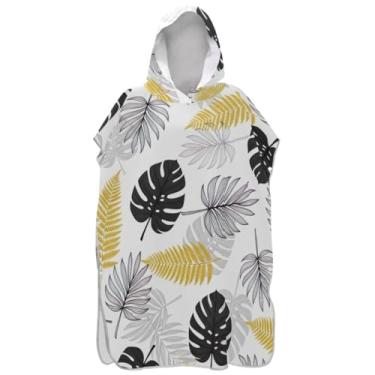 Imagem de Joisal Poncho de surfe para mudança de roupão adulto toalha de banho com capuz bonito folhas tropicais de secagem rápida preto cinza dourado unissex poncho adulto com capuz
