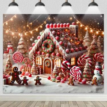 Imagem de HOMETITUTE Pano de fundo de Natal 2,4 x 1,8 m faixa de casa de gengibre país das maravilhas cana doce fundo pirulito decoração de festa de férias cena de inverno para exibição de fotografia interna e
