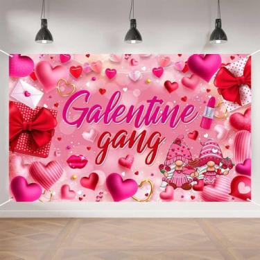 Imagem de Faixa Galentines Day, pano de fundo galentino de 179,8 cm x 110 cm, decoração rosa com corações, batom e taças de champanhe para festas de amigos e adereços de cabine de fotos