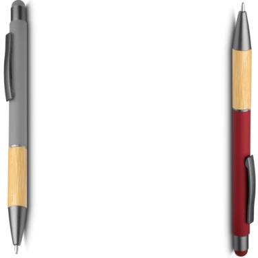 Imagem de Caneta esferográfica em alumínio reciclável com escrita em azul. Detalhe em bambu. Refil parker e ponta touch emborrachada design moderna (Cinza e Vermelho)