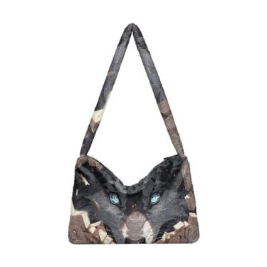 Imagem de Bolsa de ombro feminina com textura de pele de cobra marrom branca, bolsa feminina de pelúcia, bolsas de outono, Wolf Fierce Eyes Through the Wall, One Size