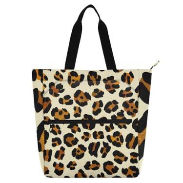 Imagem de GAIGEO Bolsa de mão com estampa de leopardo para mulheres, crianças, amantes de livros, trabalho, escola, viagem, zíper, bolsa, marrom, bege, preto, lona