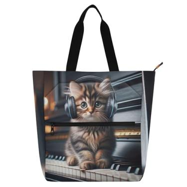 Imagem de GAIGEO Sacolas femininas fofas de gato de música para trabalho, lona, escola, bolsa para professores, bolsas com compartimentos