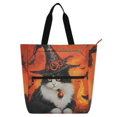 Imagem de GAIGEO Bolsa de lona com zíper para mulheres, crianças, escola, trabalho, professor, viagem, Halloween, bruxa, gato, magia