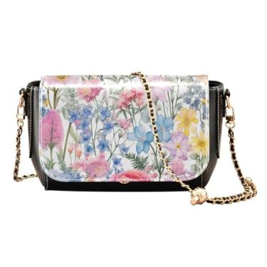 Imagem de Pink Donuts em uma bolsa tiracolo feminina preta com aba, bolsa de ombro de couro transversal, bolsa de couro para mulheres a tiracolo, Borda floral aquarela-4, One Size