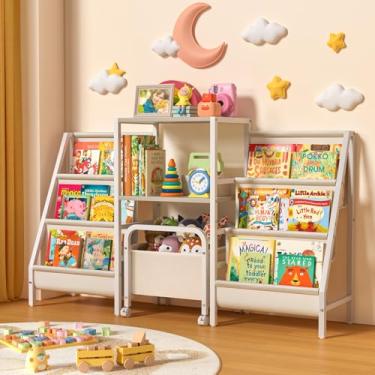 Imagem de TARNABY Estante infantil e armazenamento de brinquedos, estante Montessori infantil de 2 lados, grande prateleira de livros infantil com caixa de brinquedos móvel, estante de 6 camadas, estante de