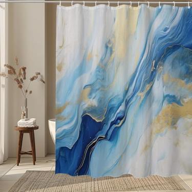 Imagem de VAVBYE Cortina de chuveiro Blue Marbie abstrata, tinta amarela, textura de tecido, cortinas de chuveiro para decoração de banheiro 182 x 182 cm