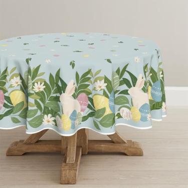 Imagem de Horaldaily Toalha de mesa redonda de Páscoa, 152 cm x 152 cm, ovos de Páscoa, coelhos, anêmona, flores, folhas, samambaias, laváveis, sazonais, para decoração de festa, piquenique, jantar