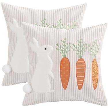 Imagem de Tosleo Conjunto de 2 capas de almofada de Páscoa 45,7 x 45,7 cm com 2 capas de almofada bordadas de coelho branco e cenoura bege decorações de Páscoa fronhas de almofada de veludo cotelê para sofá