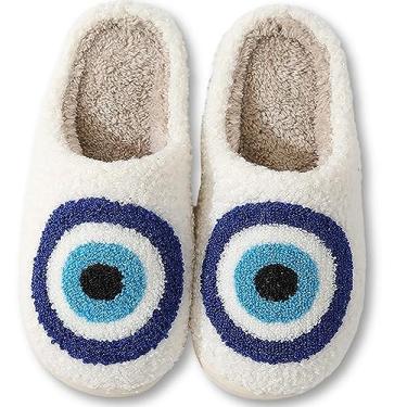 Imagem de HIPINISS Pantufas femininas masculinas retrô de espuma viscoelástica fofas de pelúcia fofas com forro de pele quente para uso interno, casa, casa, sapatos de inverno, J-eyes, 6.5-7 Women/5.5-6 Men