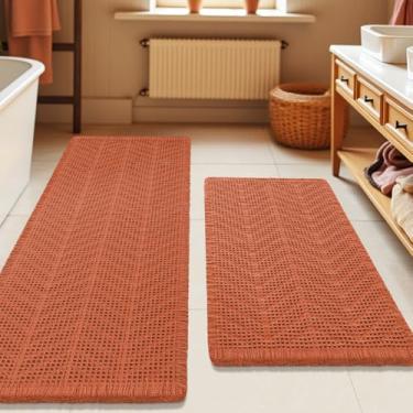 Imagem de Conjunto de 2 peças de tapete de banheiro waffle, moderno, tecido boho, absorvente antiderrapante, tapetes de banheiro ultramacios, tapetes de banho de malha laváveis à máquina com espinhas de peixe