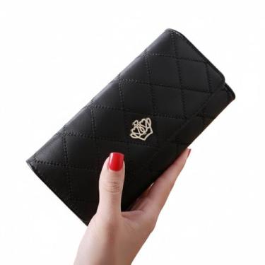 Imagem de Carteira feminina de couro genuíno com dobra dupla/tripla - Suporte minimalista para cartão de crédito com bloqueio de RFID e bolso para moedas, Preto, Casual