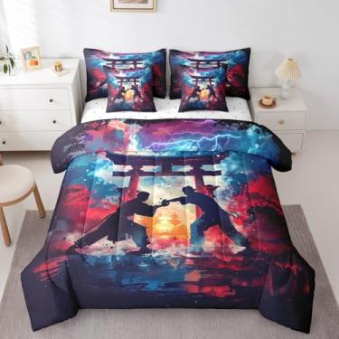 Imagem de Erosebridal Conjunto de edredom Queen estilo japonês de 7 peças, Taekwondo Karatê esportivo para meninos, crianças e adolescentes, conjunto de cama Kungfu estilo oriental asiático com lençol de cima,
