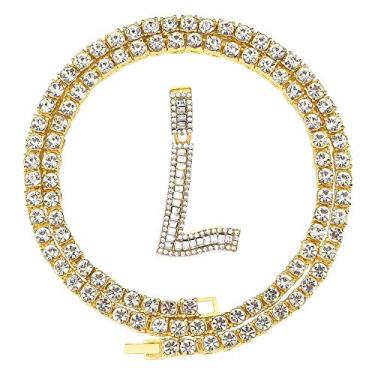 Imagem de HH BLING EMPIRE Colar com inicial de ouro prateado para homens/mulheres - colar com letra de ouro com inicial baguete A-Z, um colar de corrente de tênis com inicial de diamante - colar de joias
