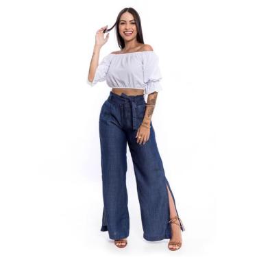 Imagem de Calça Feminina Pantalona Sarja  Jeans Com Lastéx  - RESTRITO JEANS, 48