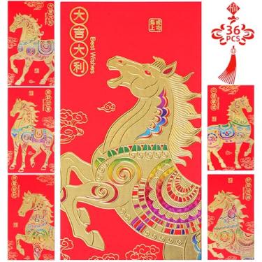 Imagem de Envelopes vermelhos de ano novo chinês, 36 peças, 6 estampas KissDate 2026 Cavalo Ano Novo Lunar, envelope vermelho Hong Bao Lai See Pacotes de dinheiro da sorte para festival de primavera, casamento
