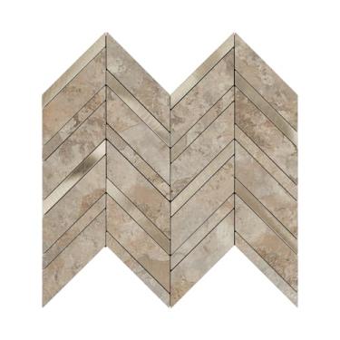 Imagem de Azulejos de espinha de peixe para descascar e colar, bege escuro, metal misto, ouro, pedra sintética, azulejo autoadesivo para cozinha, lavanderia, lareira (12 folhas, 25,5 cm x 30 cm)