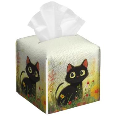 Imagem de Pacote com 2 caixas de lenços de gato preto em flores, capa quadrada de couro PU, suporte de caixa de lenços de papel facial à prova d'água para banheiro, cozinha, casa, escritório, carro