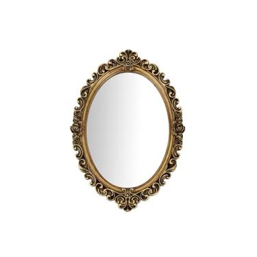 Imagem de ZYGNHMO Espelho de parede oval vintage com moldura de resina de 30,5 x 21,6 cm com moldura decorativa de bronze, padrão rosa estilo antigo