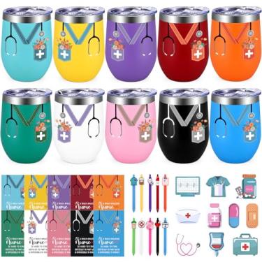 Imagem de Qtencas 10 peças de presente de enfermeira a granel, conjunto de copos de vinho de aço inoxidável de 340 g com tampa e canudo, presentes de agradecimento de enfermeiras, presentes de semana de