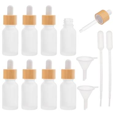 Imagem de DICOSMETIC 8 frascos conta-gotas de vidro fosco 15 ml frascos conta-gotas essência recipientes cosméticos líquidos com tampa de bambu para óleos essenciais, perfume, funil e pipetas incluídos