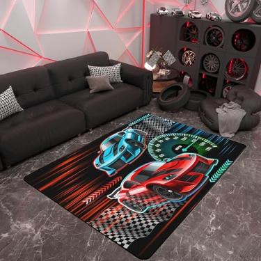 Imagem de Tapete temático de carro de corrida 150 cm x 200 cm x 1 cm, tapete decorativo de carros esportivos para quarto, sala de jogos, tapete decorativo para uso interno para crianças