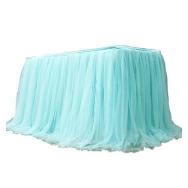 Imagem de Saia de mesa de tule de 100 x 75 cm, toalha de mesa de tule de malha elástica, Natal, festa, decoração de casamento (azul claro)