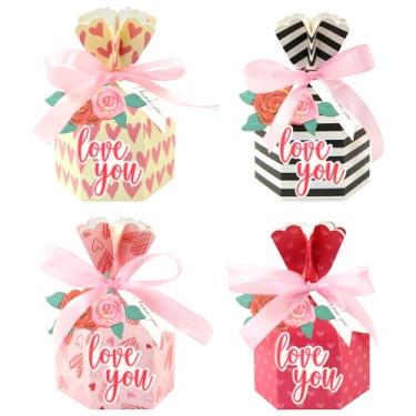 Imagem de Boerni 24 caixas de presente para Dia dos Namorados, rosa, amor, coração, listrado, caixas de doces com fita e etiqueta, rosa vermelha, rosa, recipiente de papel decorativo para presente para
