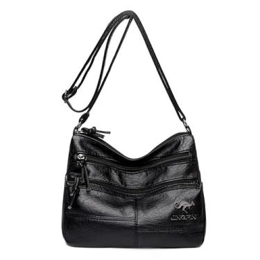 Imagem de CHENXIAOHONG Bolsa feminina de couro sintético, bolsa transversal e de ombro feminina, estilo vintage, bolsa média resistente para trabalho e uso diário(Preto)