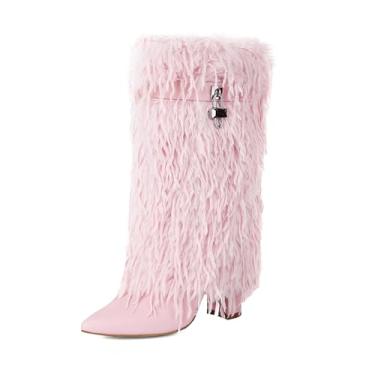 Imagem de AIJIVOU Bota feminina dobrável de pele sintética, cano médio, salto grosso, bico fino, botas curtas com cadeado, rosa, 38