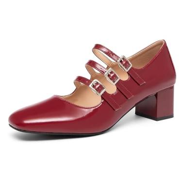 Imagem de NEWBELLA Sapatos femininos Mary Jane - Sapatos de trabalho retrô clássicos com salto grosso e médio, escarpim de escritório confortáveis com alça de fivela, sapatos sociais vintage, Vermelho, 37