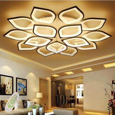 Imagem de Luminária de teto LED moderna e grande para sala de estar, com intensidade regulável e controle remoto. Ideal para sala de jantar, sala de jantar e quarto. Design criativo em formato de flor