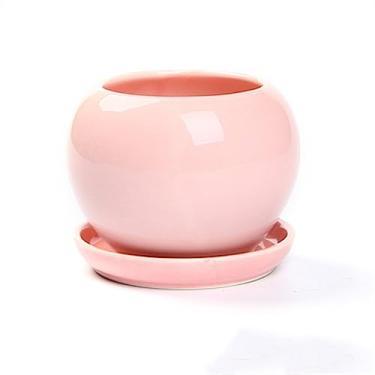 Imagem de KEG801302 Vasos de flores de cerâmica de cor sólida pequenos com bandeja, vasos de flores, bonitos, redondos, suculentas, cultivo de plantas verdes, plantadores simples, enfeites de mesa para casa