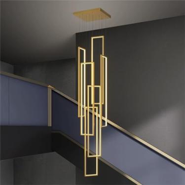 Imagem de Lustre Pendente Moderno para Escada, 150cm de Altura, Dourado, com LED, Retangular e Regulável, Ideal para Sala de Jantar, Escada, Sala de Estar e Pé Direito Alto (6 lâmpadas)