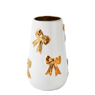 Imagem de OTARTU Vaso de flores decorativo moderno, vaso de cerâmica branca com laço dourado, vasos elegantes para grama dos pampas, decoração de casa moderna minimalista, prateleira de mesa, sala de estar