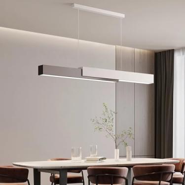 Imagem de Luminária pendente linear de LED para ilha de cozinha, sala de jantar, lustre com intensidade regulável e controle remoto para mesa de jantar, cozinha, escritório, bar, loja, luminária suspe