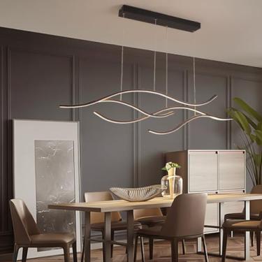 Imagem de Luminária pendente LED moderna para mesa de jantar, com intensidade ajustável e controle remoto. Lustre de design moderno em formato de onda, com altura regulável, ideal para cozinha, escrit