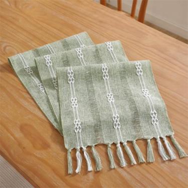 Imagem de Caminho de mesa rústico com borlas, caminhos de mesa boho trançados listrados, mesa de linho de algodão para jantares, festas de fim de ano e casamento (verde-duplo, 33 x 108")