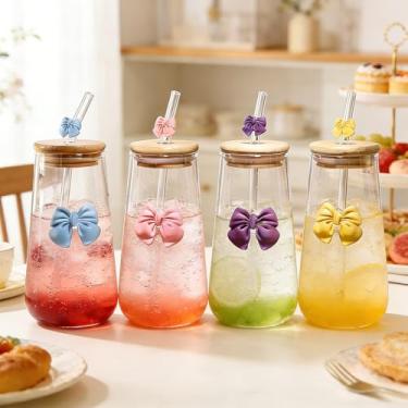 Imagem de Copo de água de palha criativo com laço de vidro fresco e fofo, estilo feminino de uso doméstico para suco, bebidas e chá de leite, utensílios domésticos, copo de suco, copo de vidro fofo, design de