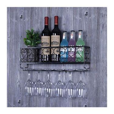 Imagem de HHHJQFAAT Prateleiras de vinho, rack de vinho, prateleira de parede de metal para armazenamento de ferro, prateleiras de vinho penduradas para garrafa de vinho e suporte de copos com moldura suporte