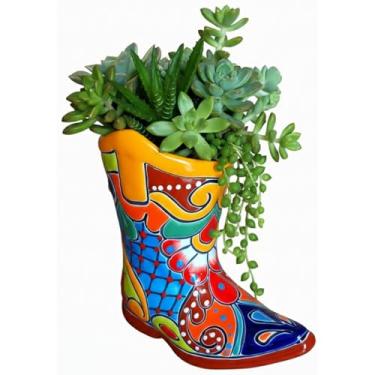 Imagem de Talavera Treasures Vaso Mexicano Pintado à Mão Cerâmica Cowboy Boot Plantador Jardim Interior Exterior Vaso Decorativo (Amarelo)