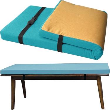 Imagem de Almofada para Banco Sob Medida com Cintas Elásticas, Espessura 3cm Tecido de Linho Antiderrapante, Espuma D45 Alta Densidade para Sapateira, Área Gourmet e Janela(Cyan Blue,190x45cm)