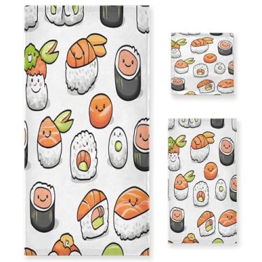 Imagem de xigua Lindo conjunto de toalhas de banheiro de sushi de desenho animado absorvente macio 3 peças toalha de banho toalha de mão toalhas decorativas para banheiro, academia, hotel, praia, piscina