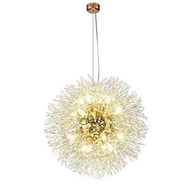 Imagem de Luminária pendente moderna em formato de dente-de-leão, com cristais que lembram fogos de artifício, ideal para ambientes internos como sala de estar, restaurante e cozinha.