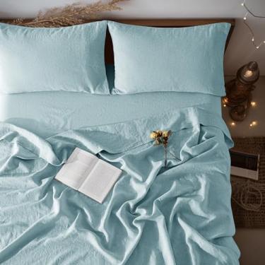 Imagem de LBRO2M Jogo de lençol 100% linho 40,6 cm tamanho Queen com bolso profundo, conjunto de 4 peças, lençóis de cama de linho natural de cor lisa, macio, respirável, todas as estações (Queen, azul oceano)