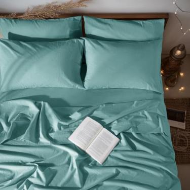 Imagem de LBRO2M Jogo de cama king 100% linho, conjunto de lençóis de 6 peças, linho natural de cor lisa, macio, respirável, bolso profundo de 40,6 cm, todas as estações (king, água)